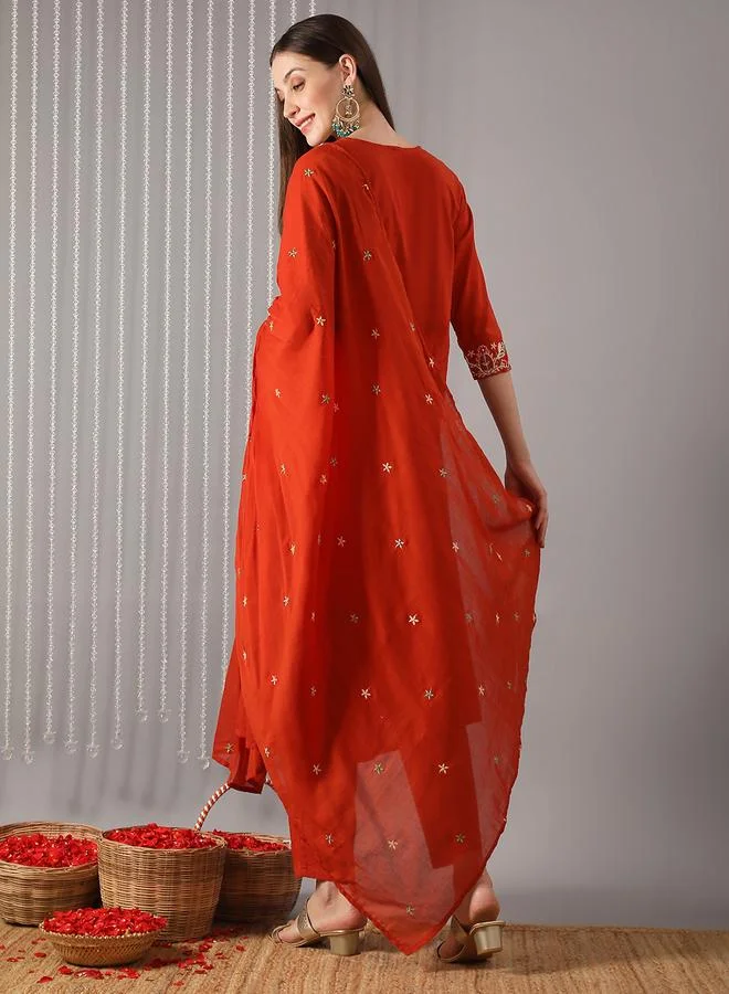 globus Women Rust Floral Embroidered Kurta with Pant and Dupatta Set